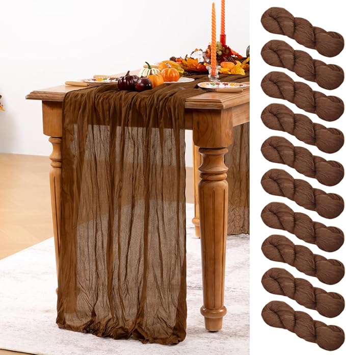 Brown Cheesecloth Table Runner Tan 10 Pack Fall Table Runners Boho Gauze 120 Inches Marron Cheese Cloth Fall Table Decorations for Thanksgiving Wedding Bridal Baby Shower Tea Party Decor