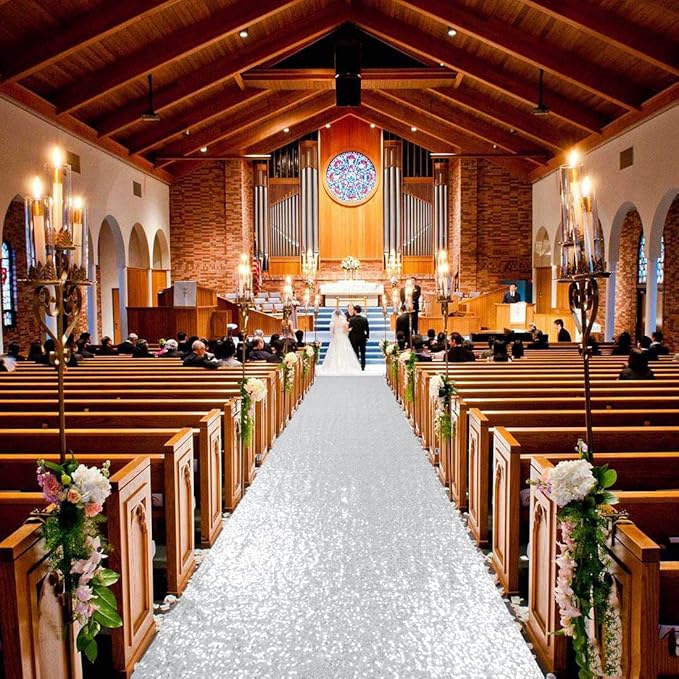 Aisle Runner in Silver Sequin, 4 x 15 Ft Rectangular for Weddings and Parties