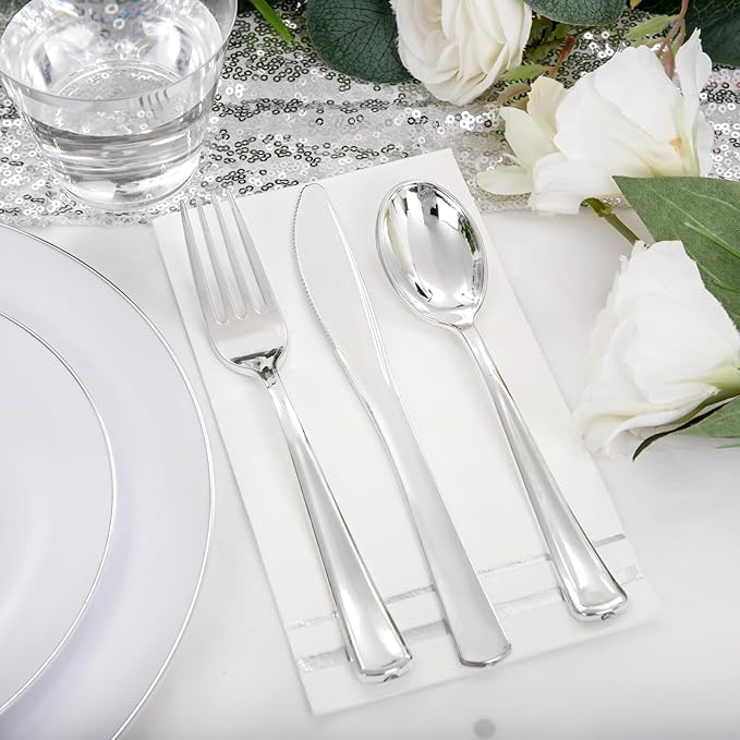 Festiva 176Pcs Silver Plastic Christmas Plates - Party Plates and Cups and Napkins Sets: 25Dinner Plates 25Dessert Plates 25Cups 25 Cutlery 25 Napkins 1Tablecloth for New Year Party&Wedding&Christmas