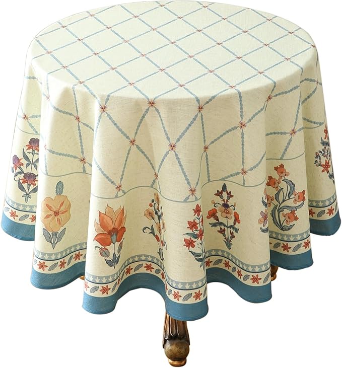 ISAENNE Designer Linen Floral Small Round Tablecloth,Light Green Farmhouse Durable Table Cloth,Washable Decor Tablecloths for Dining Kitchen Thanksgiving Christmas,Diameter 55"-Floralsea B