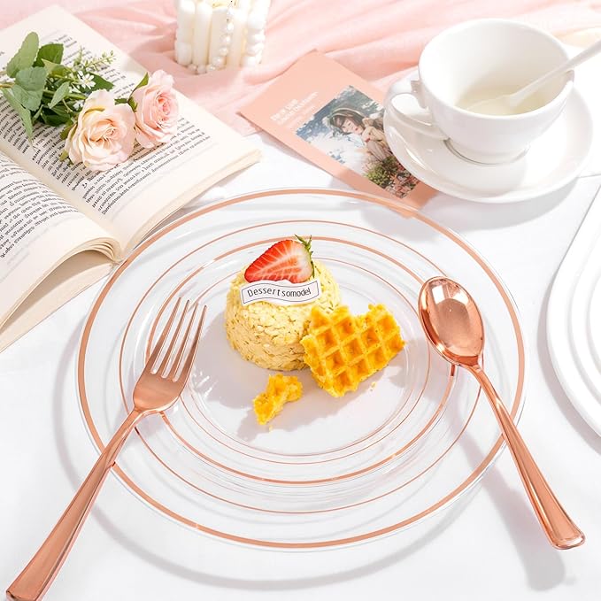 Disposable Plates, Clear Plastic with Rose Gold Trim, 150-Piece Set