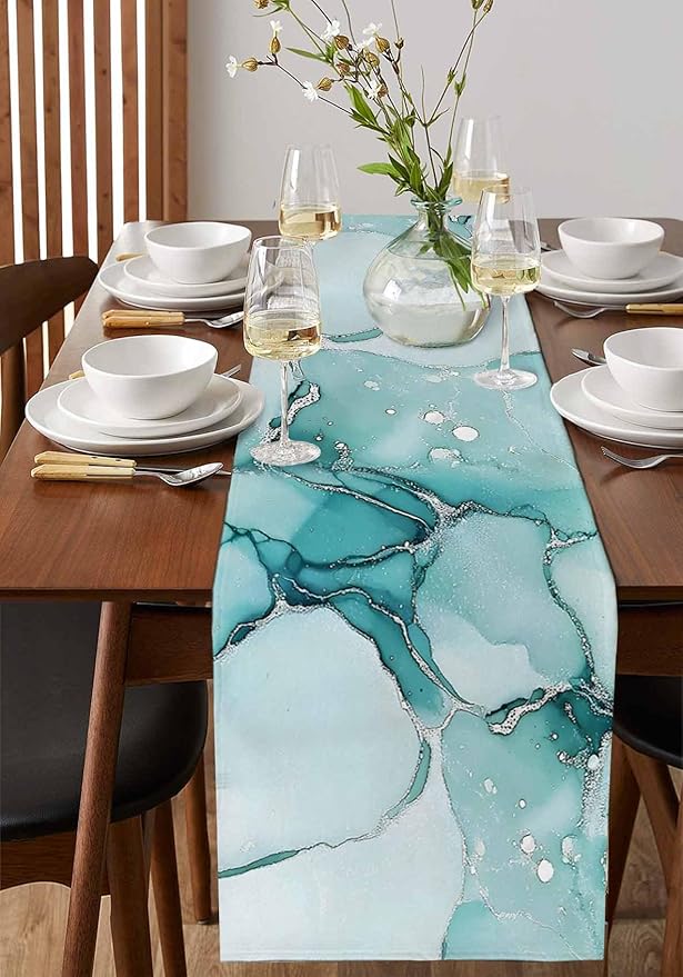 Turquoise Marble Cotton Linen Table Runner for Dining Kitchen, Wedding Outdoor Party Tablerunners Decoration, Nature Marble Crack Country Retro Dresser Scarf Coffee Tablecloth Runners 13x36 Inches