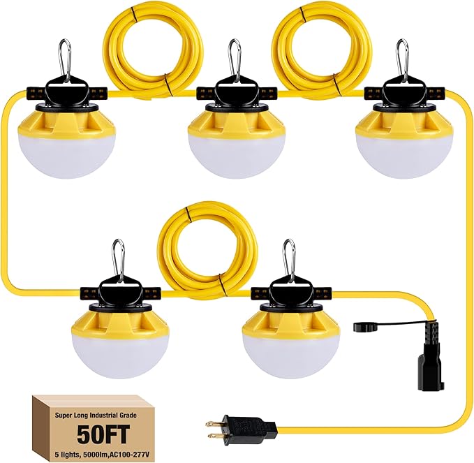 String Lights 50 Ft LED Construction Work Lights, IP65 Waterproof