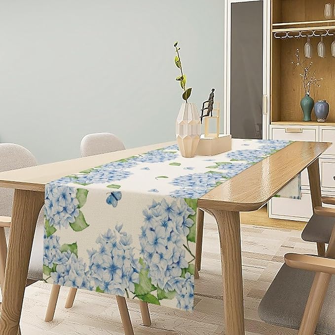 Watercolor Hydrangea Flower Table Runner, Spring Summer Seasonal Plants Butterfly Blue Dinner Runner for Home Kitchen Dining Table Party Holiday Decoration 13"x90"