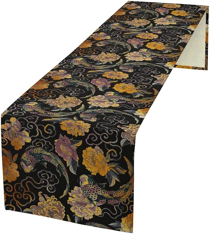 Japanese Table Runner Retro Flowers Oriental Tradition Kio Fish Art Printed Burlap Runner Home Kitchen Dining Table Living Room Decor Fabric 1 Panel W13xL90in