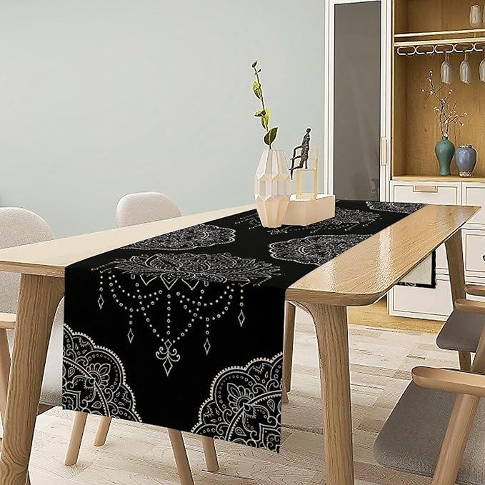 Lotus Flower Table Runner, Bohemian Ethnic Oriental Mandala Black White Floral Print Table Runner for Home Kitchen Dining Indoor Outdoor Dinner Party Decor, 13x108inch