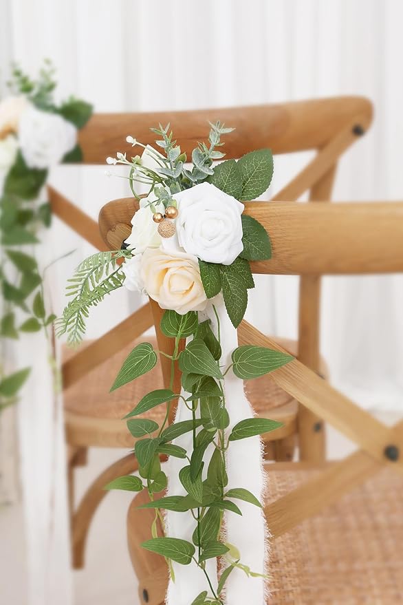 Artificial Pew Flowers, Set of 10, White Roses with Ivory Chiffon Ribbons
