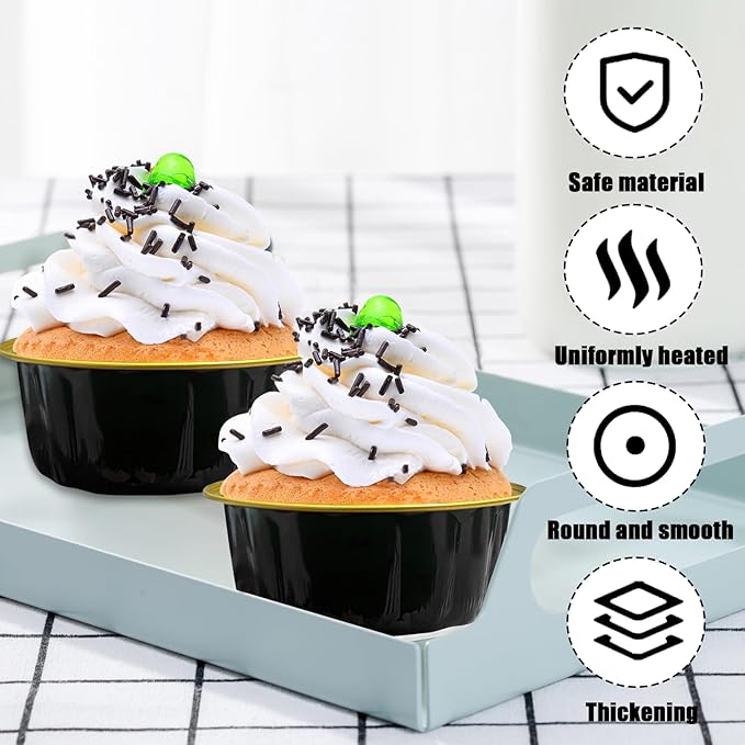 Baking Cups with Lids, 8 oz Aluminum Foil, 100 Count, Black and Gold