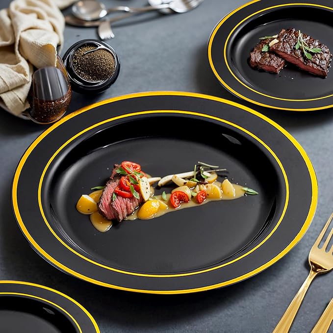 Plates for 25 Guests, Black Plastic with Gold Trim