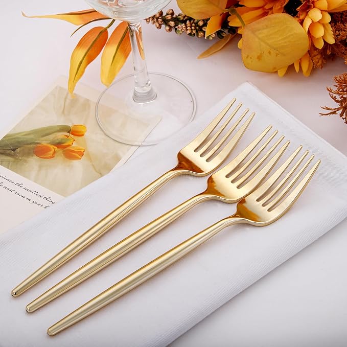 Forks, 90 Count Gold Plastic Disposable Party Set, Polished Finish