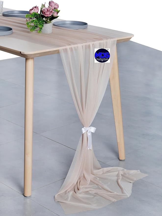MDS 20 Pack 10ft Chiffon Table Runner 29 x 120 Inches Sheer Wedding Runner Romantic Rustic Table Runner for Wedding Decorations, Birthday Parties, Bridal Shower Party Arch Decor - Nude