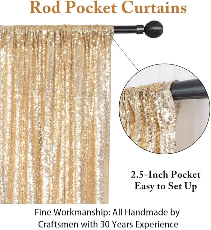 Backdrop Curtain in Light Gold, 10 x 10 ft Sequin Photo Backdrop with Rod Pocket