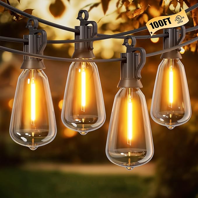 String Lights, 100 ft Outdoor Warm White LED with 50 Shatterproof Bulbs