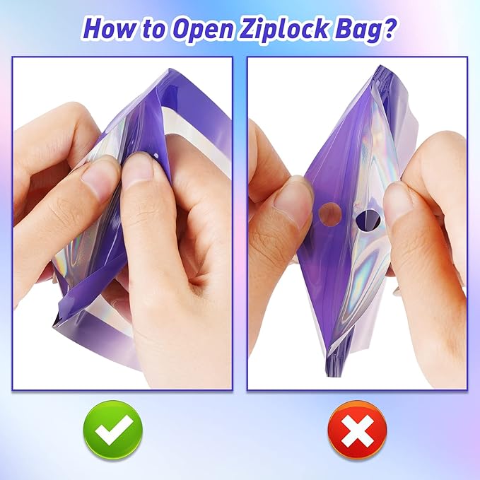 Funfery 100 Pack Holographic Bags,Resealable Bag with Zipper,Clear Window Packaging Pouch,Foil Bags for Food Storage,Sample Jewelry Baggies(4.7×7in,Purple Pink)