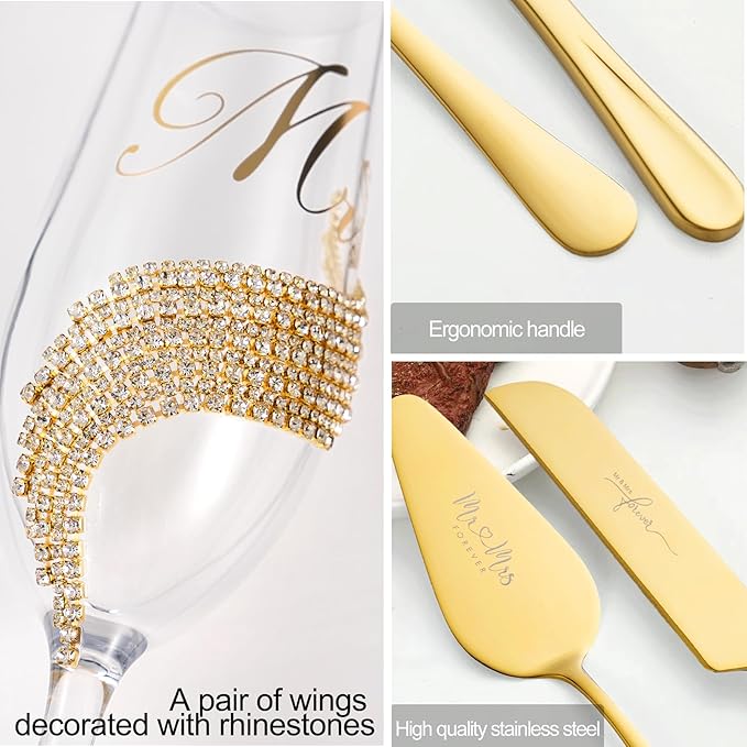 Champagne Glasses Set, Gold Mr and Mrs Flutes with Cake Knife, 6 Piece