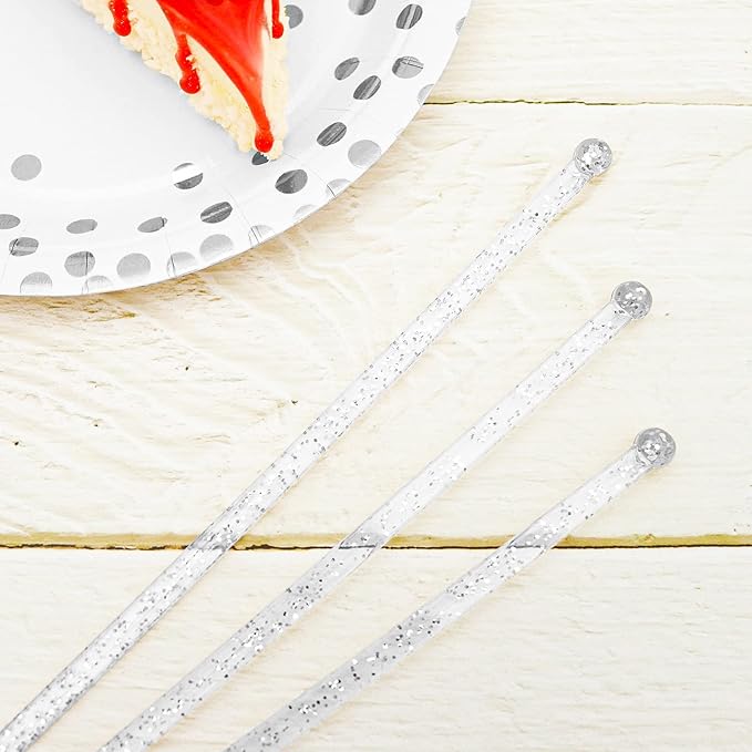 50-PCS Silver Glitter Plastic Swizzle Sticks, Crystal Cake Pops, Cocktail Coffee Drink Stirrers, Lolipop Stick, 7.24 Inch