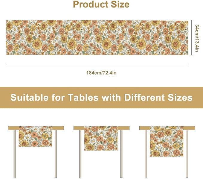 Vintage Floral Table Runner,Boho 70s Style Retro Daisies Flower Table Runner for Kitchen Dining Table Home Party Decoration 13x60 Inch