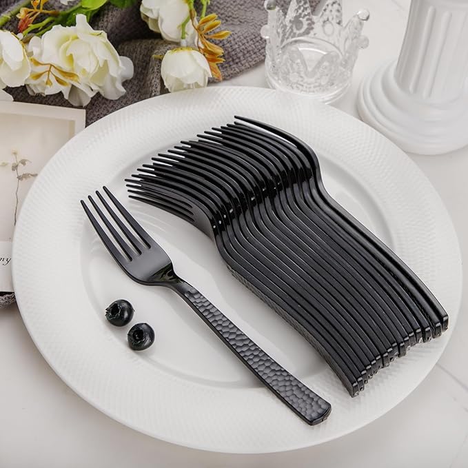 Spoons and Forks Set, Black Plastic Disposable, 400 Count, Hammered Finish