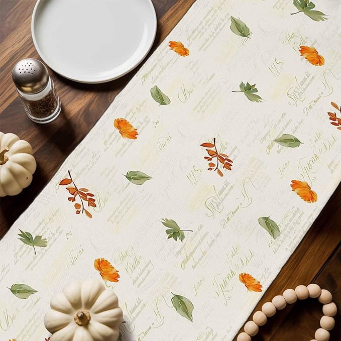 Fall Wildflowers Cotton Linen Table Runner for Dining Kitchen, Thanksgiving Pumpkin Outdoor Party Rustic Tablerunners Decoration, Botanical Floral Vintage Dresser Scarf Tablecloth Runners 13x60 Inches