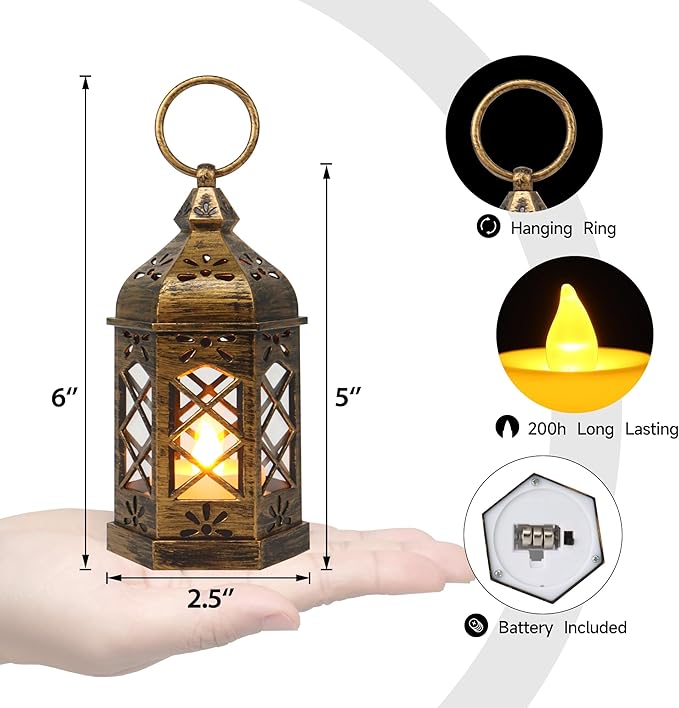 Decorative Candle Lanterns 5 Inch Mini Brushed Brass with Flicker LED
