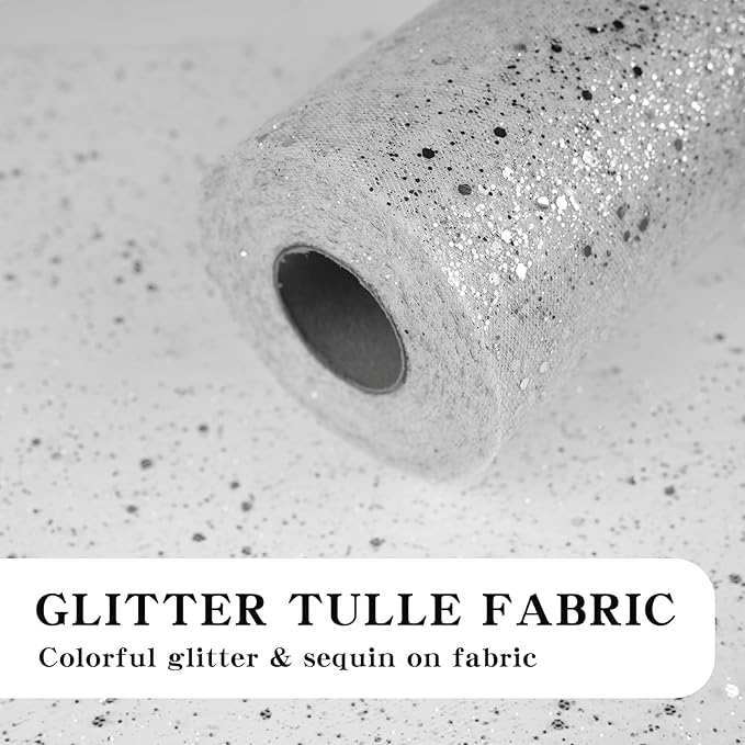 Glitter Tulle Rolls, 6” by 50 Yards (150FT) Sparkling Tulle Spool Ribbon Sequin Tulle Netting Fabric for Tutu Skirt Wedding Birthday Baby Shower (White)