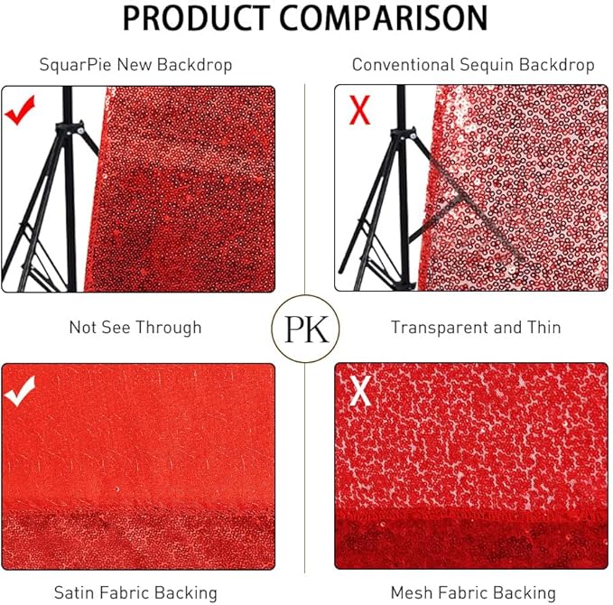 SquarePie Sequin Backdrop Curtain Less See Through Background for Wedding Christmas Party(10FT x 10FT, Red)
