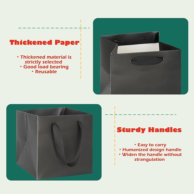 Gift Bags, Black Square Bottom Paper with Handles, 12x12x12 Inch, 10 Count