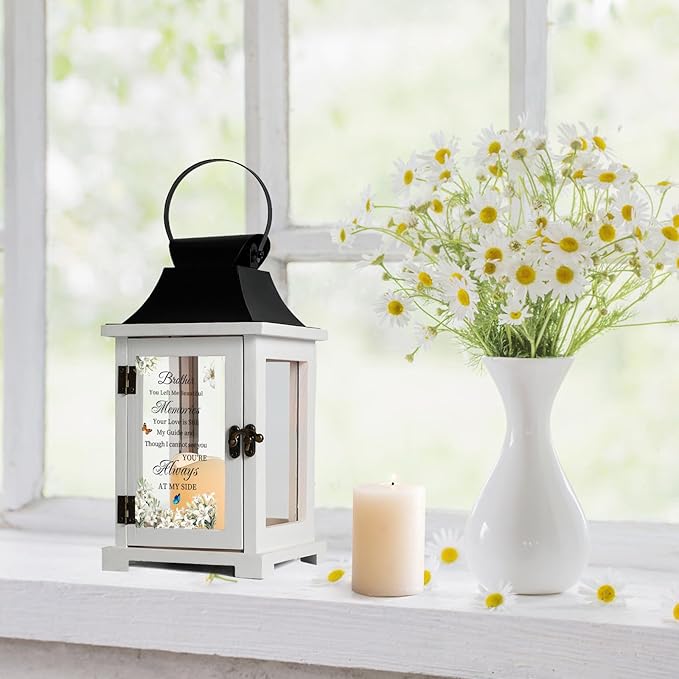 Decorative Candle Lantern with Wood and Iron, Flameless LED Memorial Light