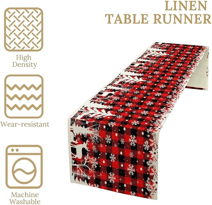 Christmas Table Runner,Red Black Plaid Xmas Snowflakes Deer Trees Print Tablecloth Burlap for Hotel Indoors Outdoor Dining Room Kitchen Home Decor,W13X L70 in