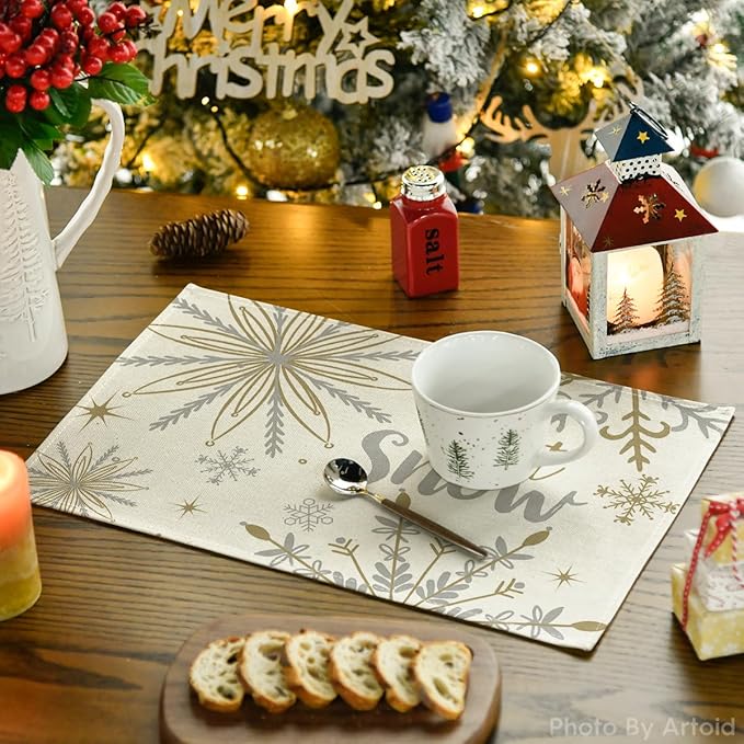 Artoid Mode Beige Snowflake Let It Snow Winter Placemats Set of 6, 12x18 Inch Seasonal Christmas Table Mats for Party Kitchen Dining Decoration