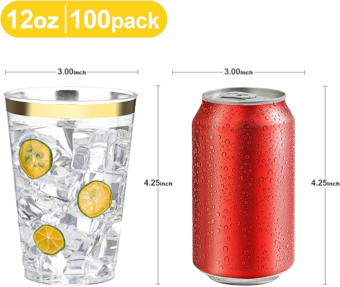 Disposable Plastic Party Cups, 12 oz Clear with Gold Rim, 100 Count