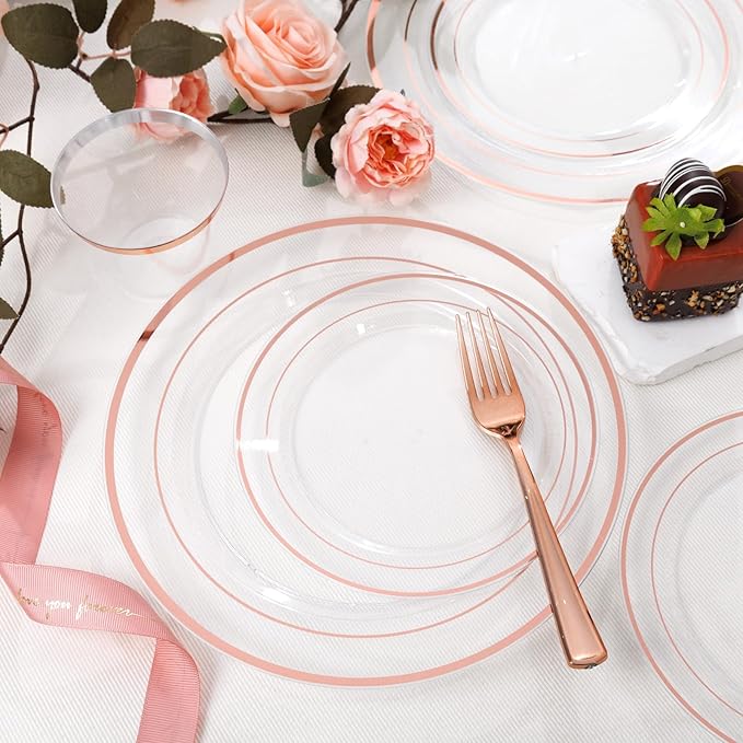 Plates Set, Clear Rose Gold Plastic, 600 Pieces for 100 Guests