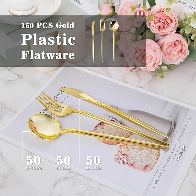 Forks, Knives and Spoons Set: 150 Gold Plastic Pieces, Heavy Duty