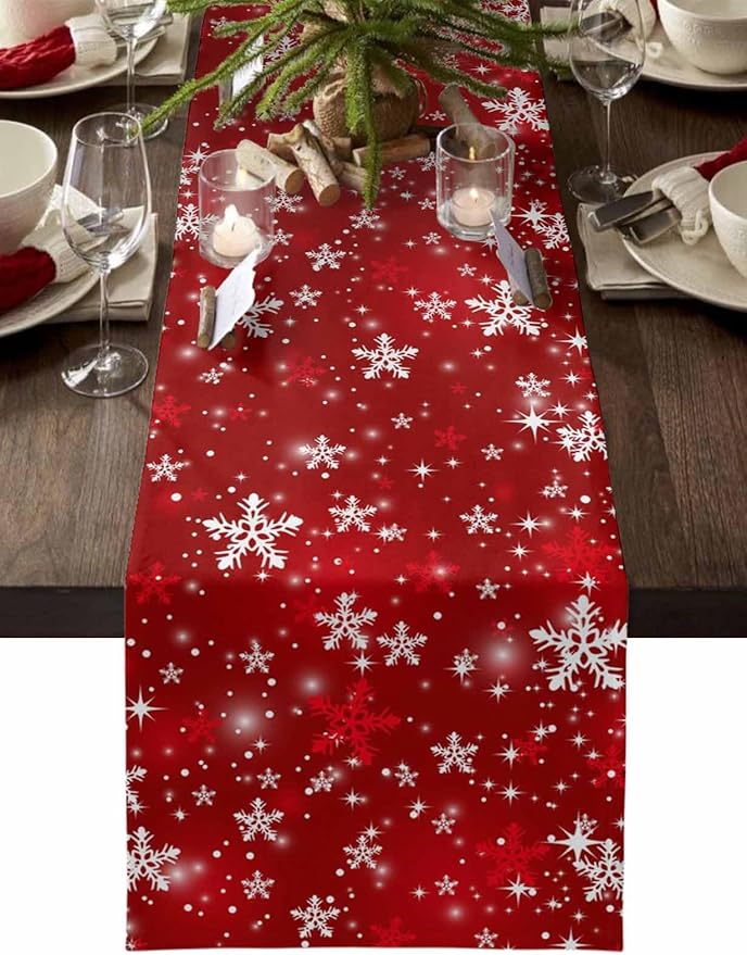 Christmas Snowflakes Cotton Linen Table Runner for Dining Kitchen, Red Xmas Winter Snow Wedding Outdoor Party Tablerunners Decoration, New Year Dresser Scarf Coffee Tablecloth Runners 13x70 Inches