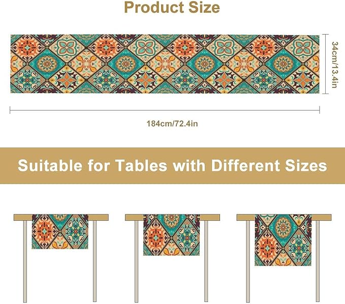 Bohemian Patchwork Table Runnerboho Colorful Tile Patchwork Indian Floral Print Table Runner for Home Kitchen Indoor Outdoor Party Wedding Decor, 13x36inch