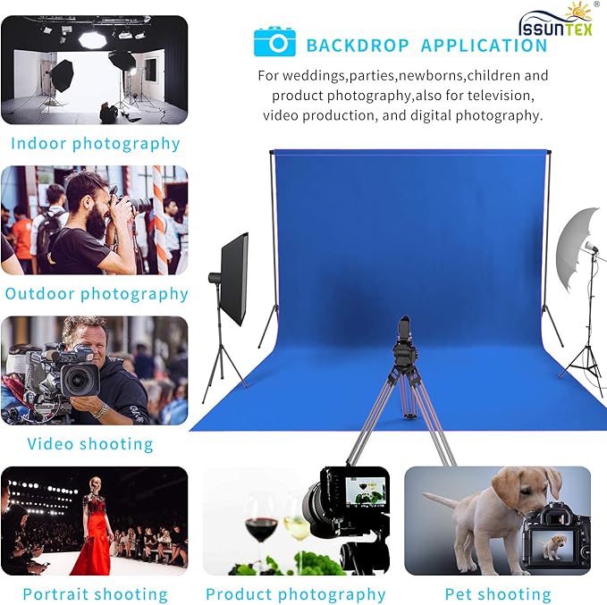 ISSUNTEX 10X24 ft Background Muslin Backdrop, Photo Studio, Collapsible High Density Screen for Video Photography and Television-Blue