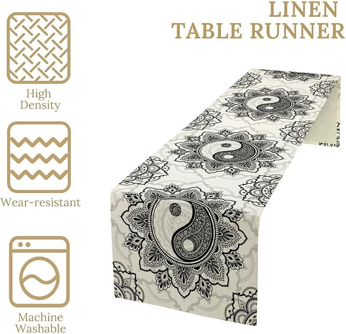 Yin Yang Table Runner, Bohemian Mandala Vintage Black White Traditional Oriental Floral Print Table Runner for Home Kitchen Dining Table Wedding Party Decor, 13x60inch