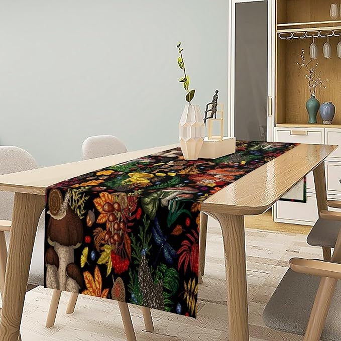 Nature Mushroom Table Runner,Retro Boho Floral Botanical Plant Forest Pattern Print Tablecloth Burlap for Hotel Indoors Outdoor Dining Room Kitchen Holiday Party, 13x108in