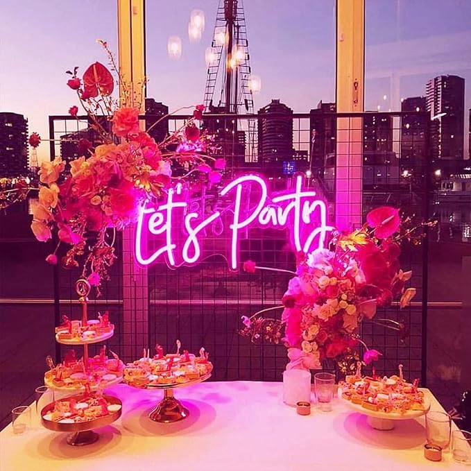 Lighted Neon Sign in Lets Party Color, USB Powered LED Wall Decor 18 Inch