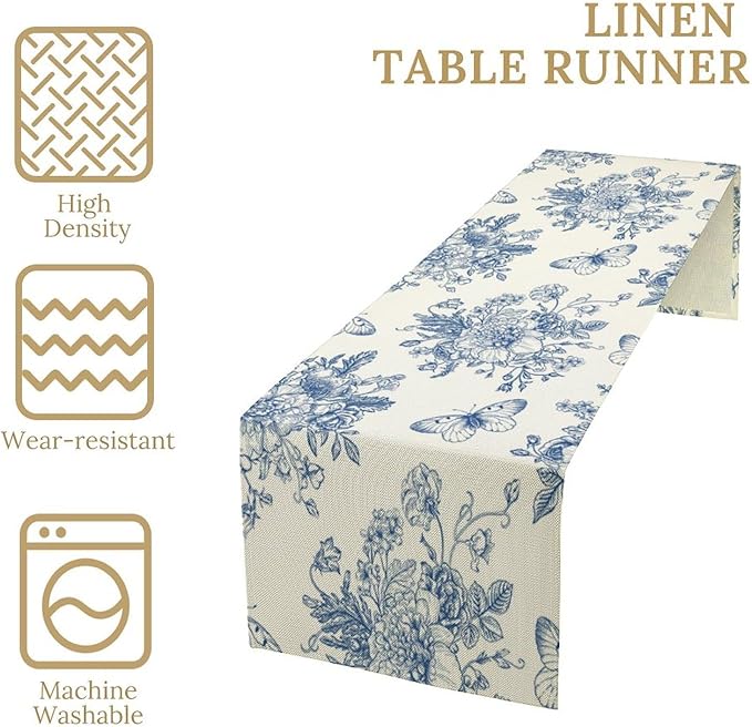 Monochrome Sketch Flowers Table Runner, Seasonal Spring Fall Plants Blue Florals Butterfly Dinner Runner for Home Kitchen Dining Table Party Holiday Decoration 13"x60"