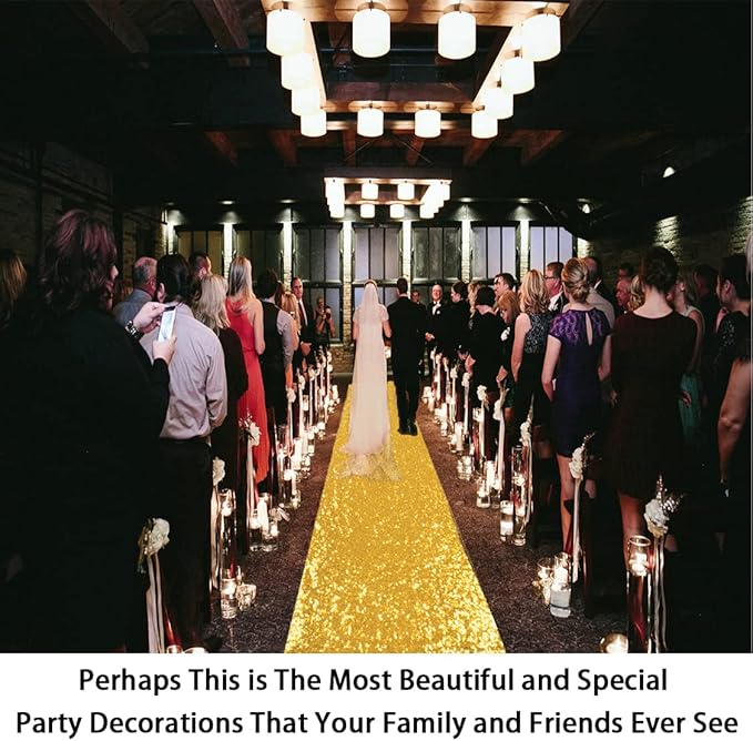 Aisle Runner, Gold Sequin, 2 ft x 15 ft, One-Piece Floor Runner