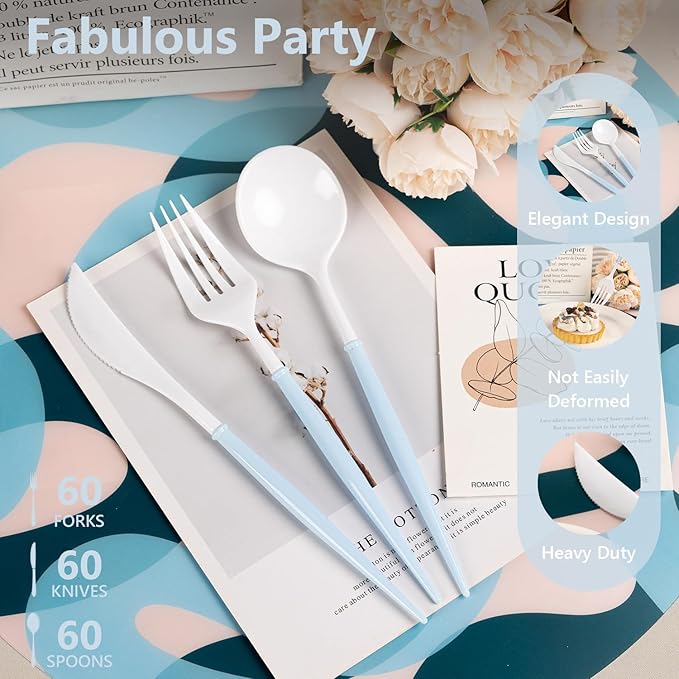 Disposable Spoons, Forks and Knives, 180 Piece White and Blue Set