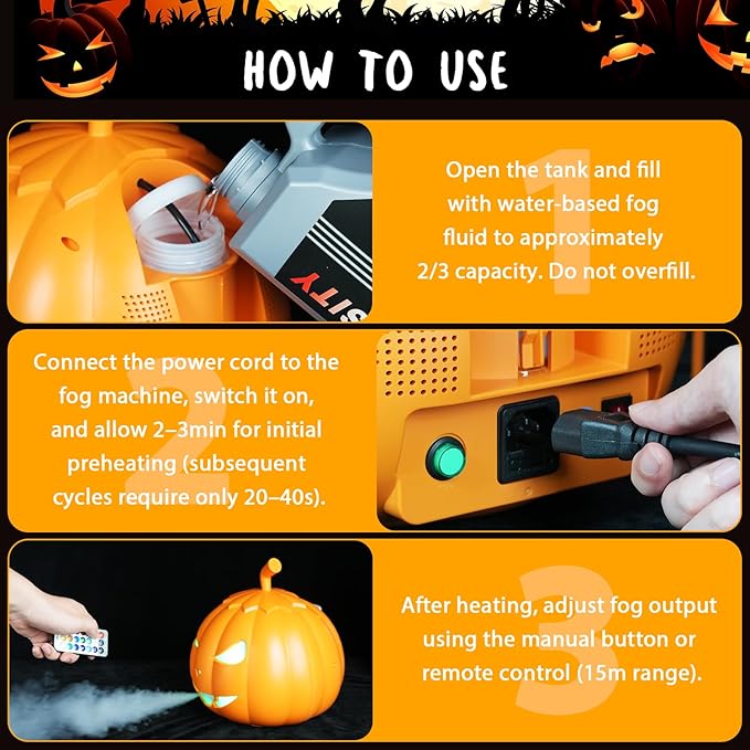 Fog Machine with LED RGB Lights, 800W Halloween Fog Machine with Remote Control, Pumpkin Smoke Machine 12 Colors Lighting Effect for Halloween Band DJ Show Club Outdoor Camping, 3 Pack