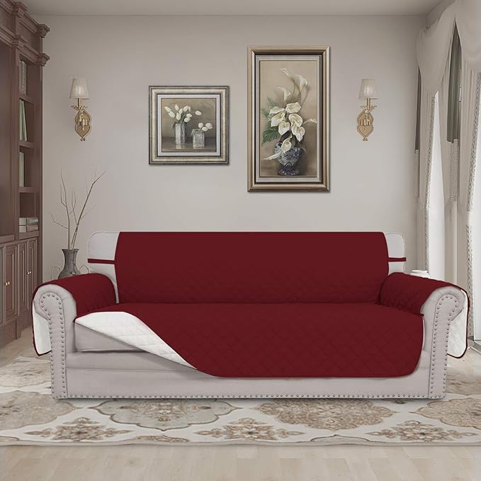 Sofa Slipcovers – Reversible Quilted Microfiber, Red and Ivory