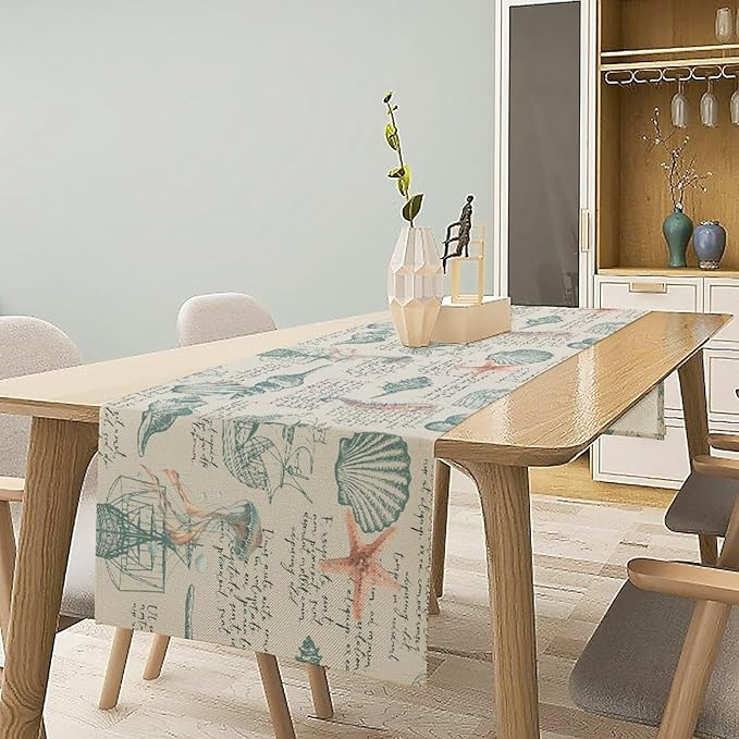 Starfish Table Runner,Seashells Beach Coastal Nautical Sailboat Jellyfish Vintage Hand Drawn Burlap for Hotel Indoors Outdoor Dining Room Kitchen Table Decor, 13x108in