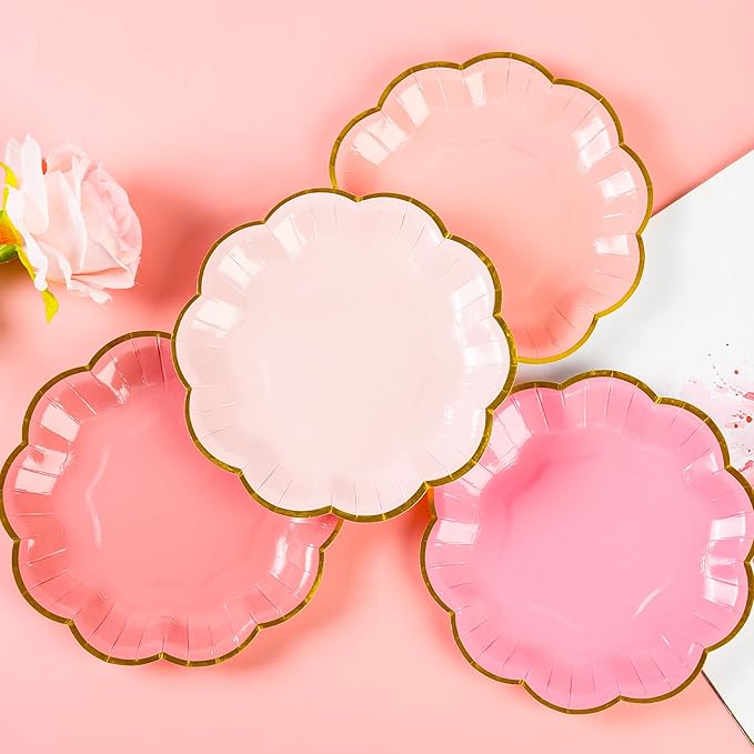 Pink Party Plates Gradient Pink Dessert Paper Plates 7inch Gold Foil Scalloped Edge Disposable Cake Plates for Tea Party Birthday Bridal Baby Shower Wedding Party Supplies (48)