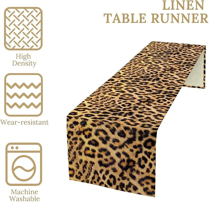 Leopard Print Dinning Table Runner, Cotton Linen Rustic Cottage Country Farm Safari Wildlife Fur Print Table Runners for Table Dresser Runner Dinning Kitchen Party Holidays Home, 13x60 Inch
