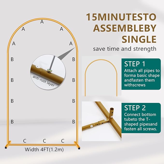 Metal Arch Backdrop Stand Set- Heavy Duty Rust-Proof Wedding Decoration Frame with Crossbar Base - Easy Assembly for Party, Photo Booth, Balloon & Flowers Decor (Gold, 6.6FT)