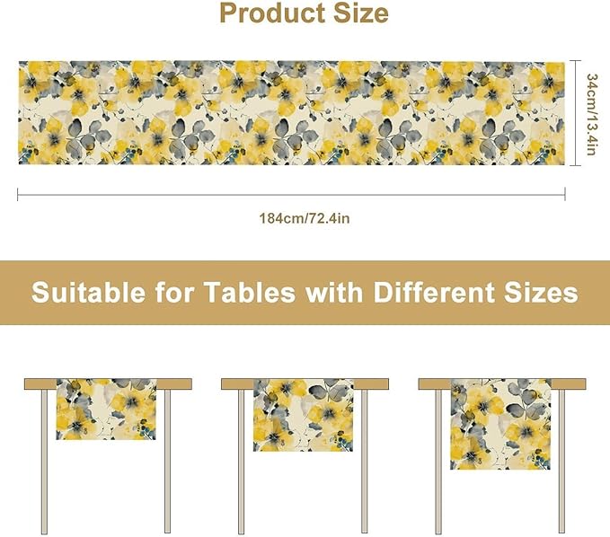 Floral Table Runner,Yellow Flowers Spring Print Table Cloth Kitchen Dining Table Home Party Decoration 13x108 Inch