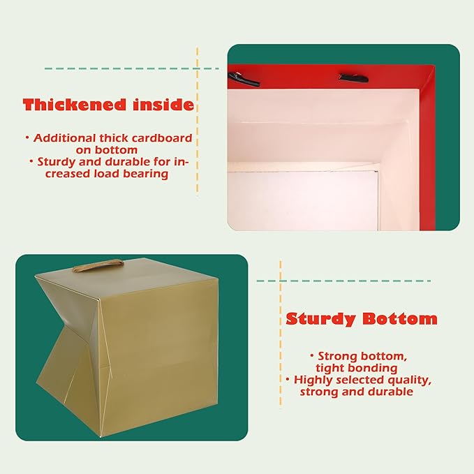 Gift Bags, 12 x 12 Inch Gold Square Bottom Bags with Handles, Pack of 10